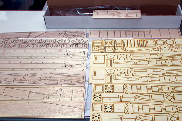 the laser-cut kit parts are laid