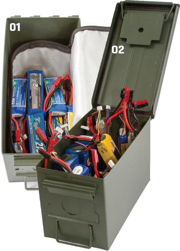 placing battery packs in a lipo bag before they go into an ammunition can serve as an extra measure of safety