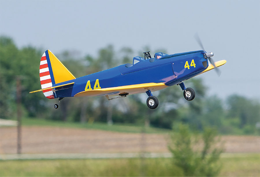 The PT-19’s color scheme is easy to see in the air, and the model is capable of flying in a scalelike manner and/or is happy performing aerobatics. 