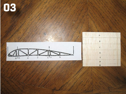 A photo of the rib construction from the Gere Sport project illustrates how uprights are measured and cut according to the plans. Note the grain direction of the wood. 