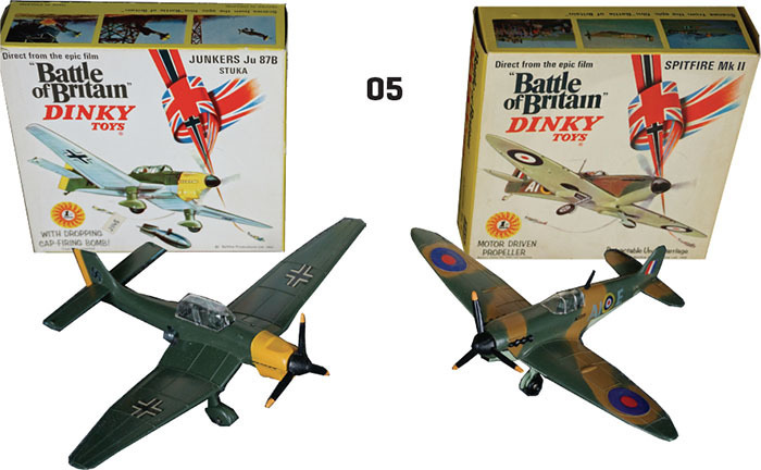The Dinky Toys Spitfire is 1/65 scale, while the Stuka is 1/72. Each model has a special feature. The Spitfire had an electric motor that could be flipped to life with your finger, and the Stuka had a metal bomb that you could put a cap in and, when relea