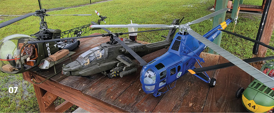 Mike, from Dallas, loves unique helicopters and often fabricates and 3D prints everything up to small fuselages. From the left are his 500-size Bell-47, Apache, and Sikorsky H-5. 