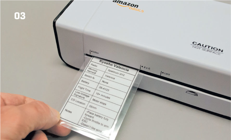 The author uses precut laminating pouches and an inexpensive laminator to put the data sheets together. 