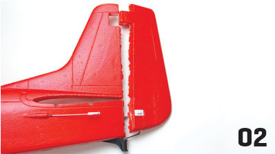 The Mustang’s rudder hinge is just a thin area of foam. An accidental collision in the author’s workshop caused it to split from top to bottom. 