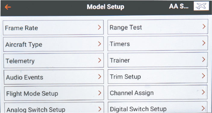Model Setup offers 18 submenus for defining your aircraft. 