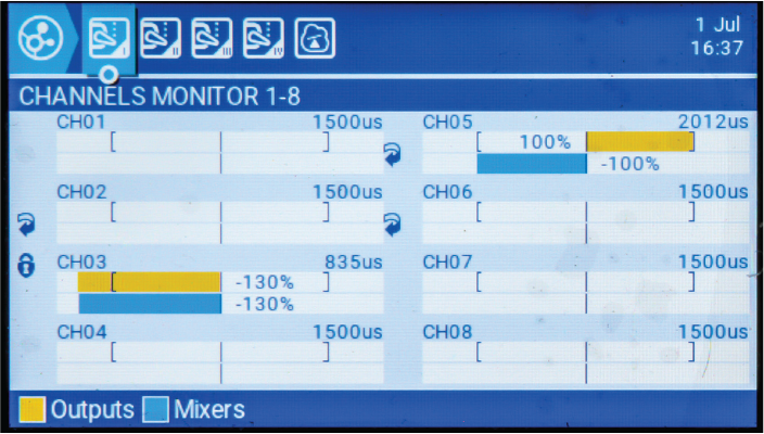 One of the selections on the opening menu is a channel monitor. It lets you check everything before you try it on the airplane. The author keeps a small one on his default screen for each model. 