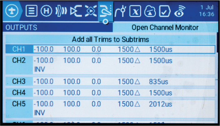 The Output screen shows the specifications for each output. INV means that the servo is reversed. 