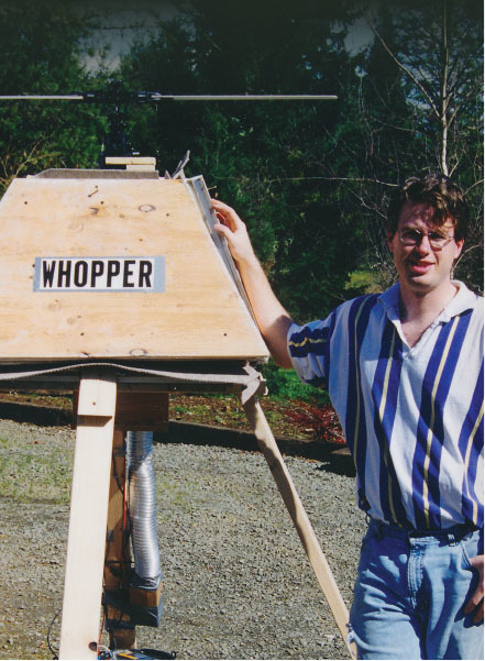 The "Whopper" contraption was made to mic the sound of the helicopter blades. To isolate the blade sounds, a soundproof electric motor was used. 