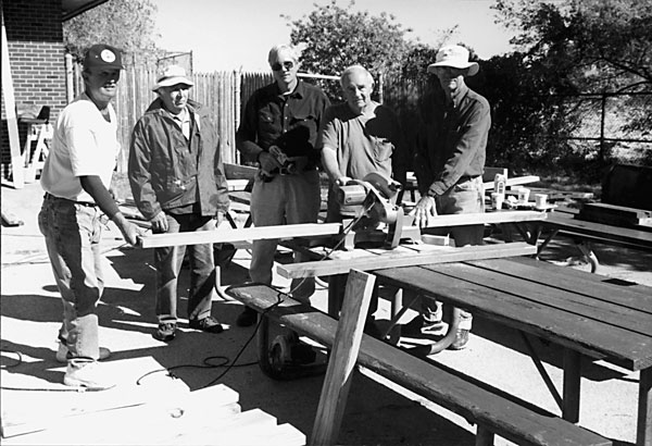The bench-building crew consisted of, from left to right, Tim Murphy, Peter Heinz, Bob Meyer, Hank Rheil, and Charlie Meyer. Ya done good, guys! 