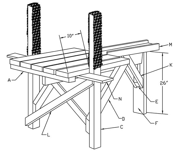 This drawing shows the assembled bench and provides a key to the location of the various parts. You can modify the bench to suit you or your club’s special needs. 