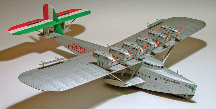 The author’s most complex Scale model, the 27-inch rubber-powered Dornier DO-X, flies with a 10-inch propeller on the nose. It features 12 freewheel, four-blade propellers. 