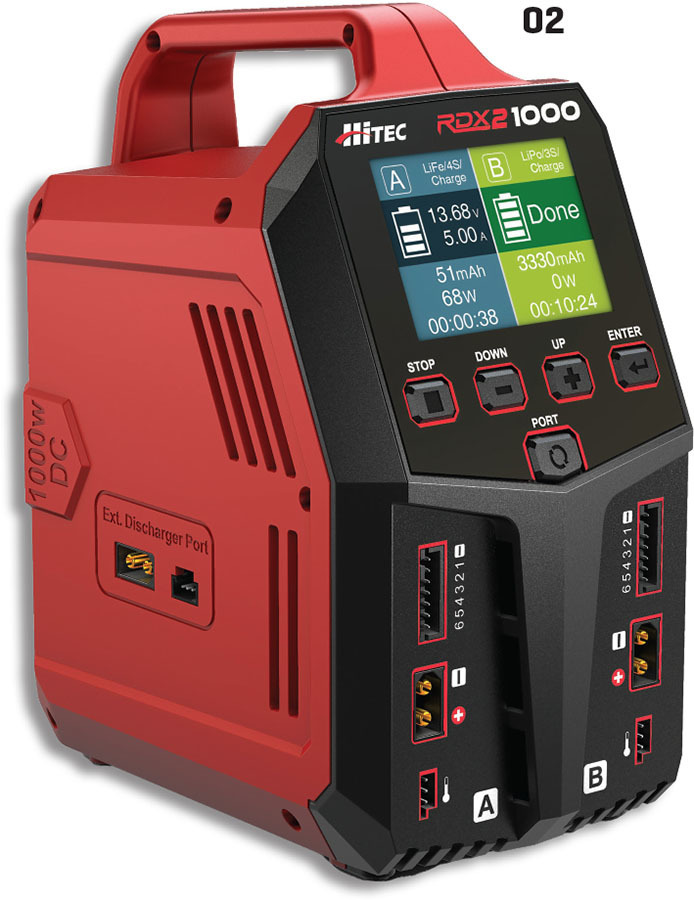 The RDX2 1000 is the latest charger released by Hitec. The company has several chargers for sale to meet the needs of modelers. This particular charger has dual output ports that each offer 20 amps of power. 