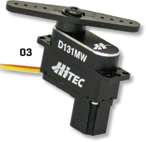 This ultranano, slim wing D131MW servo was announced in February. It features a lowprofile, machined aluminum case, highefficiency coreless motor, and dual ball bearings. It provides 33 ounce/inch at 6 volts, 40 ounce/inch at 7.4 volts, and weighs 0.35 ou