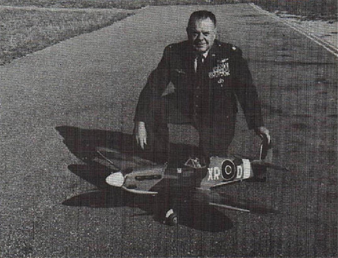 Lt. Col. Dunn at the Pikes Peak RC field with scratch built Dave Platt Spitfire, converted to an MK-V-B with Eagle Squadron markings. He’s now modeling the Thunderbolt that he flew in Europe.