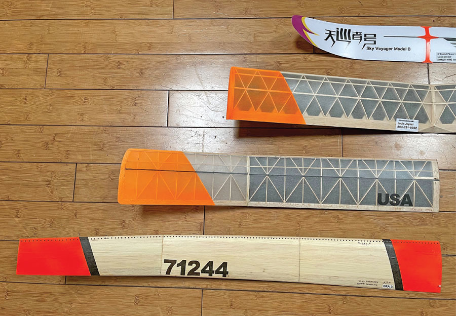  The left half of a six-panel wing, the left half of a fourpanel wing, a V-dihedral wing, and a molded foam wing with elliptical dihedral. 