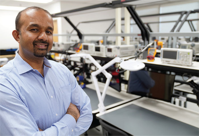 Sai Sanker, a teaching administrator at WCC in robotics and artificial intelligence, stands in the college’s new electronics lab, where students gain hands-on experience with building, as well as modifying and repairing the electromechanical systems that 