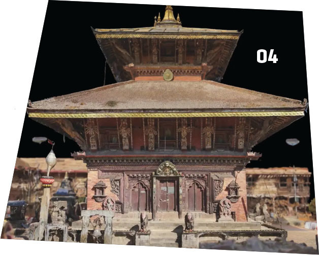 03-04. After Changu Narayan Temple (L) was damaged by a 7.8-magnitude earthquake, Nepal Flying Labs was able to utilize Skydio 3D scans (R) to create high-resolution images, video clips, and a 3D model for documentation and future reconstruction. 