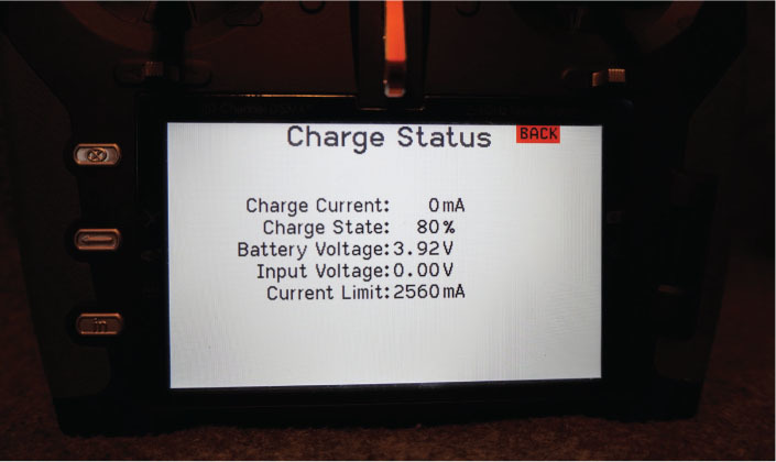 The Charge Status provides the status of the battery, including the percentage of charge. When the transmitter is connected to a USB power supply, this page will also show the charge current and input voltage. 