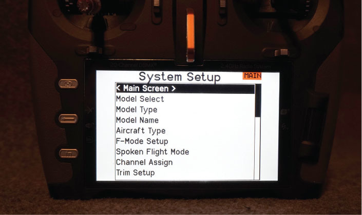 The System Setup menu is used to define baseline settings for your model, such as the type of aircraft, wing type, or flight mode setup that you are using. 