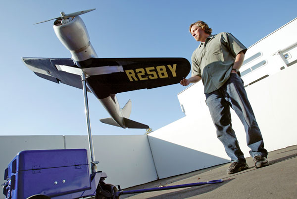 Joe Bock with his 1/4-scale H-1B. It was used as a motion-control example to convince Martin Scorsese that using flying models instead of computer-generated models would be better. Eugene Garcia photo.