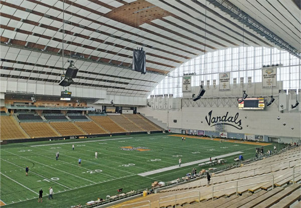 The Kibbie Dome, in Moscow ID, is an exceptional Indoor FF flying site with a 144-foot high ceiling. 