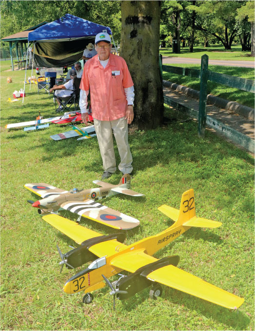 Walt is shown with his semiscale Hawker Typhoon CL Aerobatics model and the Profile Scale A-26 Invader at Buder Park in Valley Park MO. 